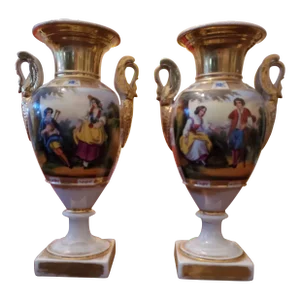 Antique French Empire Paris Porcelain Swan Vases- a Pair