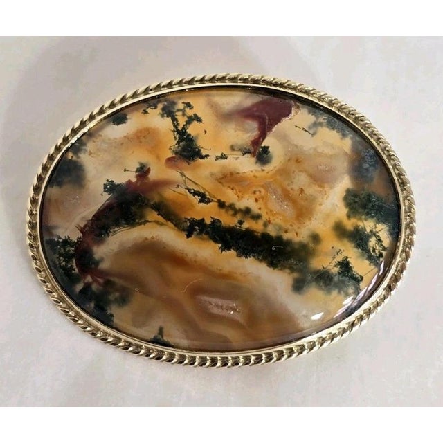 Metal Vintage 9ct Yellow Gold Moss Agate Brooch, Sheffield, 1989 For Sale - Image 7 of 18