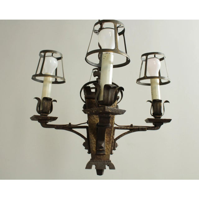 Metal Antique Arts and Crafts 4 Light Chandelier For Sale - Image 7 of 13
