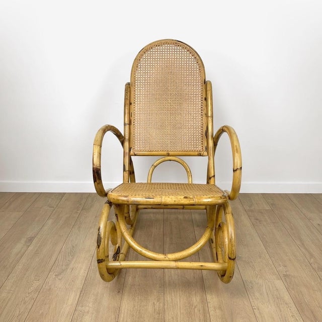 Rattan and Cane Rocking Chair, 1970s For Sale - Image 9 of 10