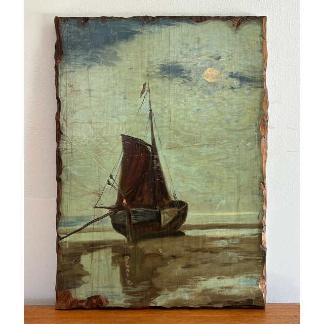 Blue 1970s Moody Nautical Sailboat Wood-Mounted Nocturne Print For Sale - Image 8 of 8