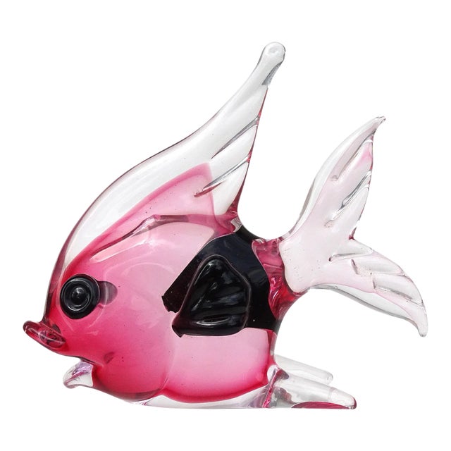 Murano Seguso Sommerso Pink Black Accents Vintage Italian Art Glass Fish Figurine Paperweight With Label For Sale