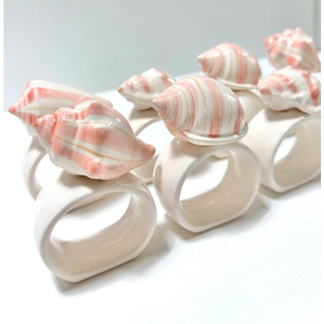 Pink 1980s Ceramic Pink Stripe Seashell Napkin Rings - A Set of 8 For Sale - Image 8 of 12