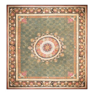 1820s Green Floral Medallion Antique French Charles X Period Aubusson Rug 15'8"x16'3" Flat Weave Wool Carpet For Sale