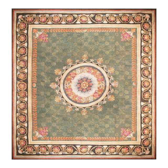 1820s Green Floral Medallion Antique French Charles X Period Aubusson Rug 15'8"x16'3" Flat Weave Wool Carpet For Sale