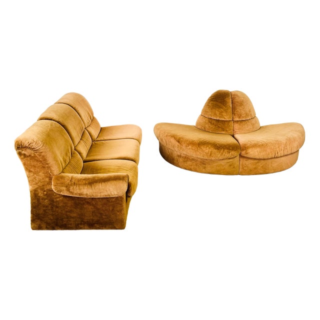 Vintage Velvet Modular Sofa and Armchair Set, 1970s, Set of 5 For Sale