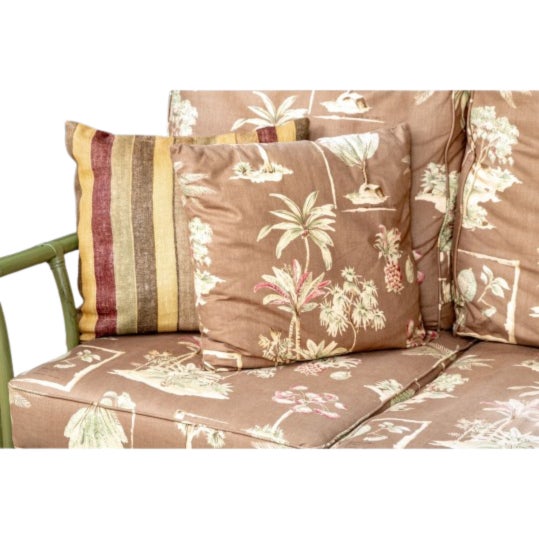 English Tommy Bahama Sage Green Rattan Faux Bamboo Sofa With Botanical Upholstery For Sale - Image 3 of 10