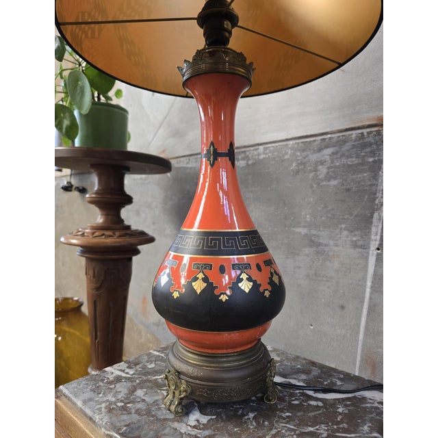Metal Large Antique Porcelain Lamp in Orange with Art Deco Shade For Sale - Image 7 of 14