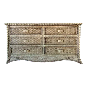 Vintage Coastal Woven Rattan Six Drawer Dresser W/ Glass Top