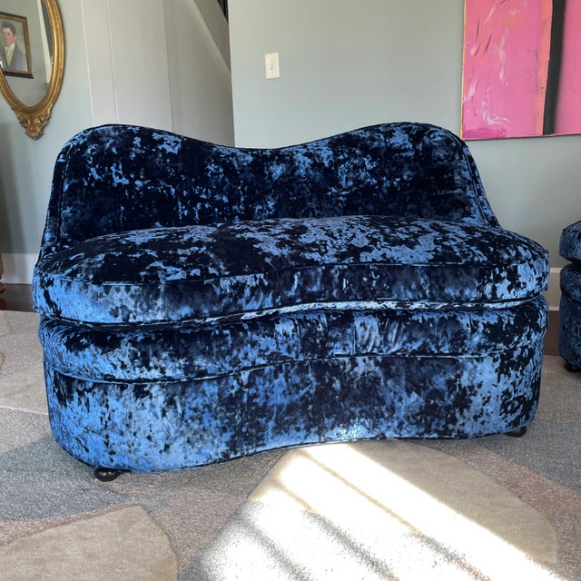 1950s 1950s Stunning Sapphire Blue Crushed Velvet Kidney Loveseat - Two Available For Sale - Image 5 of 11