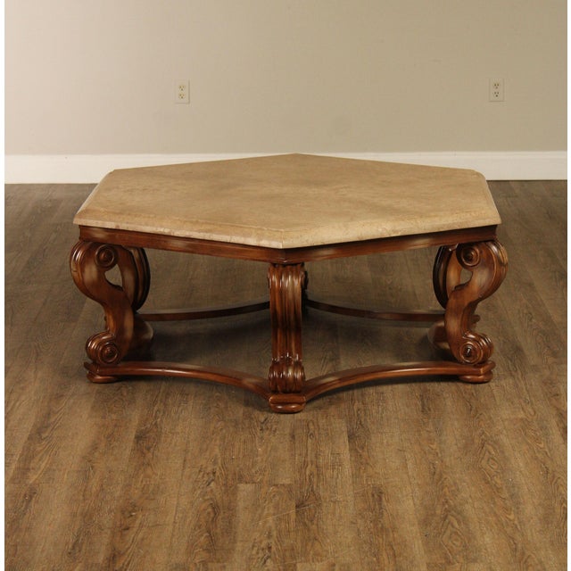 Century Furniture Tuscan Style Large Travertine Top Hexagonal Coffee Table For Sale - Image 13 of 18