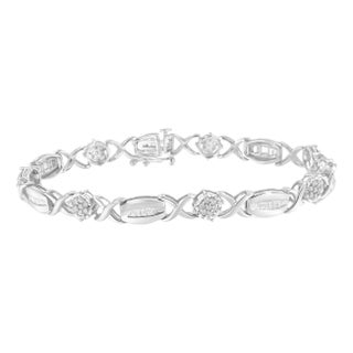 .925 Sterling Silver 1.0 Cttw Round-Cut and Baguette-Cut Diamond X-Link Bracelet - 7" For Sale