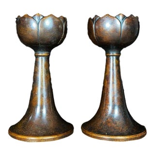 Pair of Vintage Brass Lotus Candlesticks - Asian Altar Candle Holders For Sale
