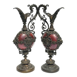 19thC Antique Ornate Brass Commemorative European Decorative Ewers-Set of Two For Sale