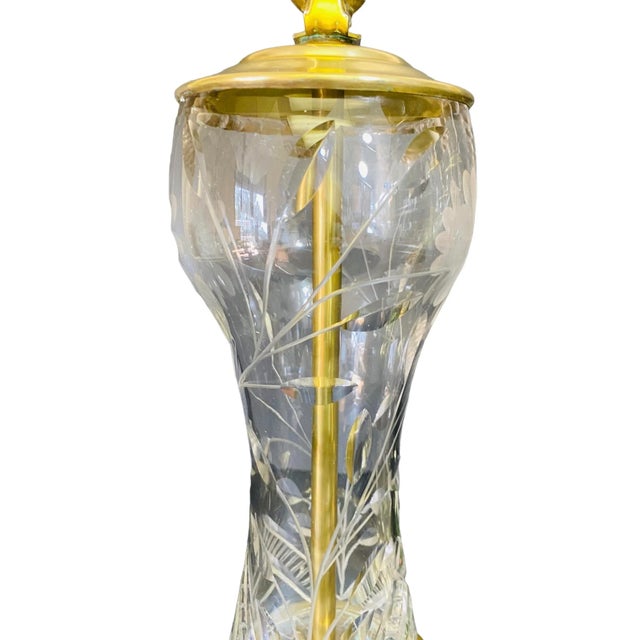 Mid-Century Brass and Crystal Lamps With Etched Flowers a Pair For Sale - Image 4 of 11