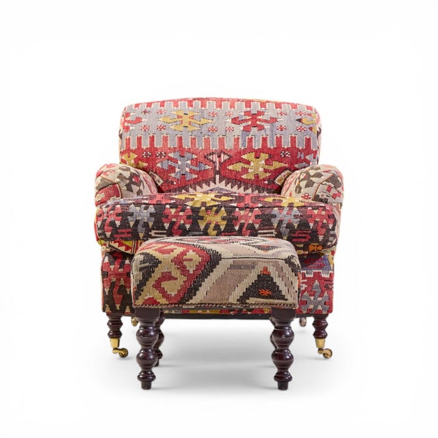 Late 20th Century George Smith Kilim Lounge Chairs - Pair With Ottoman For Sale - Image 5 of 13