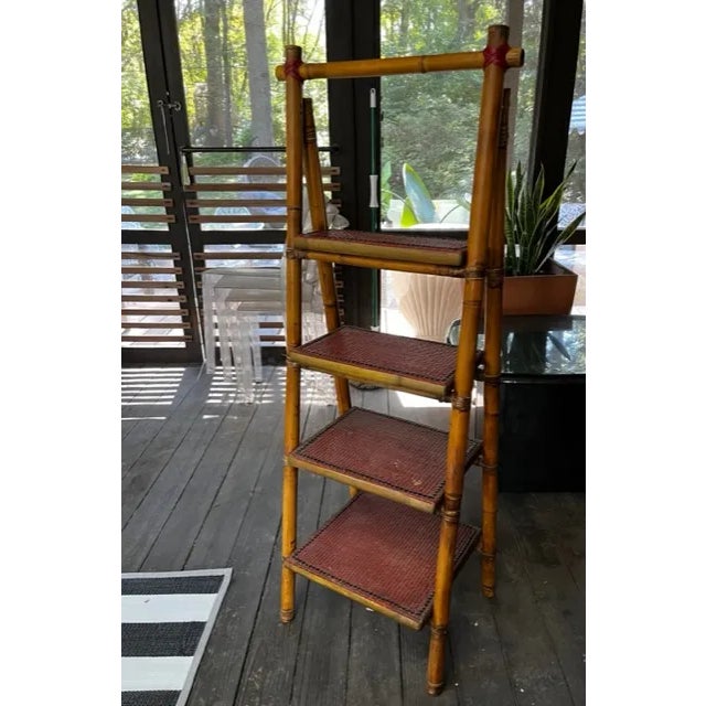 Mid-Century Modern Bamboo and Rattan Folding Four Step Tier MCM Bookcase or Display Shelf For Sale - Image 3 of 8
