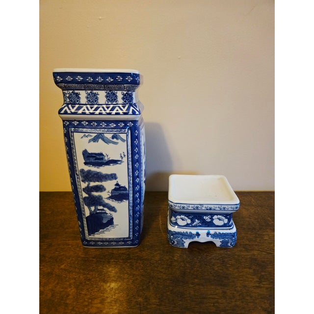 Chinoiserie Vintage Chinese, Blue & White Porcelain Vase on Stand, Qianlong Style For Sale - Image 3 of 9