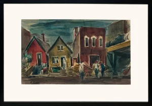 1930s Social Realist Watercolor Titled "Street Scene, Chicago" by Artist Frank S. Perri