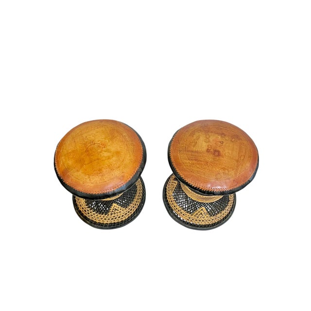 Mid-Century Modern Pair of Mid-Century Anglo-Indian Leather & Rattan Drum Stools For Sale - Image 3 of 17