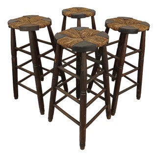 Brutalist Stools in Wood and Straw, 1950s, Set of 4 For Sale