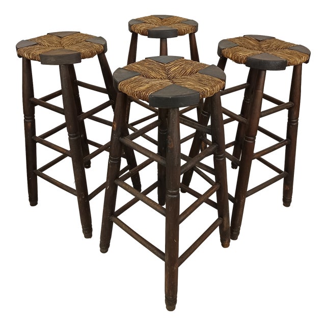 Brutalist Stools in Wood and Straw, 1950s, Set of 4 For Sale