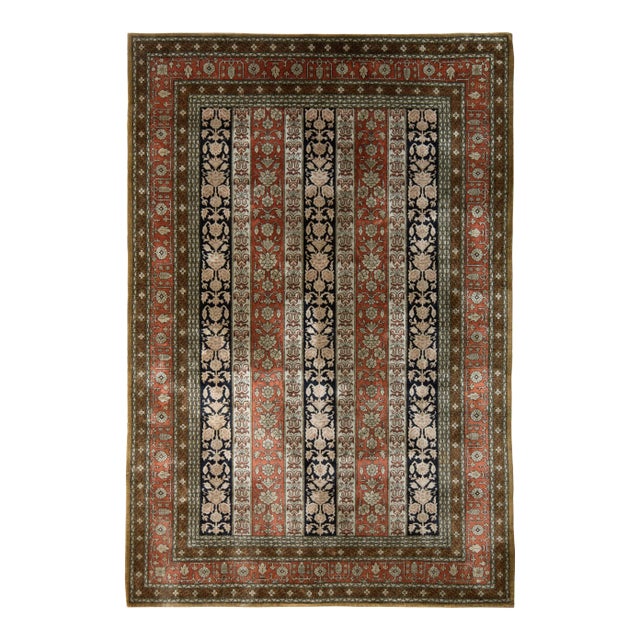 Hand-Knotted Vintage Persian Rug in Red and Beige Brown Striped Floral Pattern For Sale
