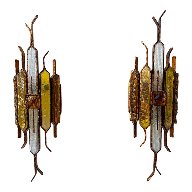 Pair of Hammered Glass Wrought Iron Sconces by Longobard, Italy, 1970s For Sale