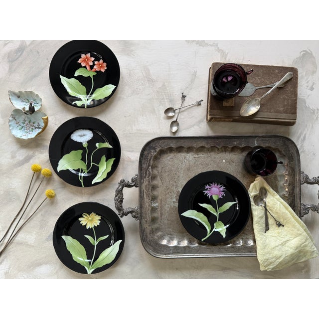 Elegant vintage set of four Fitz and Floyd Fleur de Minuit plates, featuring dramatic hand-painted florals against a...