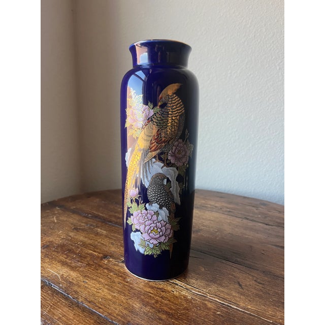 Vintage Kutani vase Made in Japan Floral and bird design Cobalt blue color Ceramic 3.4” diameter and 10.75” height No...