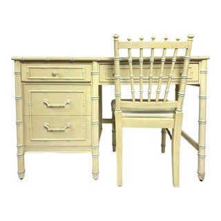 1960s Vintage Thomasville Allegro Faux Bamboo Desk and Chair Set of 2 For Sale