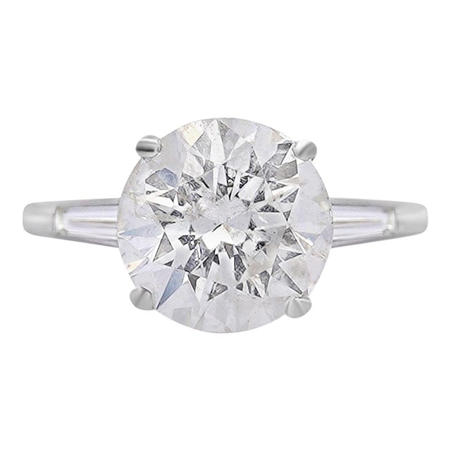 5.58 Carat G/I1 Round Cut Diamond & Baguette Side 3 Stone Engagement Ring Size 6.5 For Sale