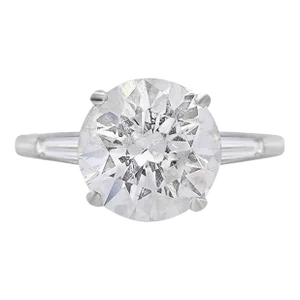 5.58 Carat G/I1 Round Cut Diamond & Baguette Side 3 Stone Engagement Ring Size 6.5