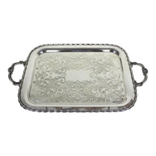 Extra Large Butler’s Tray Silver Plated Rectangular Platter Vintage Plate Ornate Shell or Fan Handles Embossed Serving For Sale