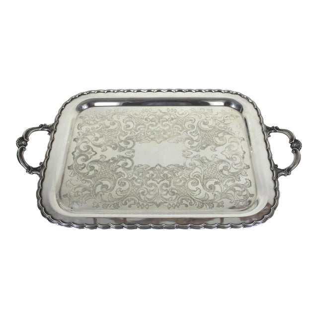Extra Large Butler’s Tray Silver Plated Rectangular Platter Vintage Plate Ornate Shell or Fan Handles Embossed Serving For Sale
