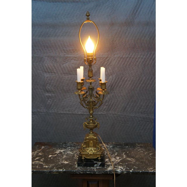 Antique French Louis XVI Gilt Brass Converted 4 Arm Candelabra Table Lamp Light For Sale - Image 4 of 12