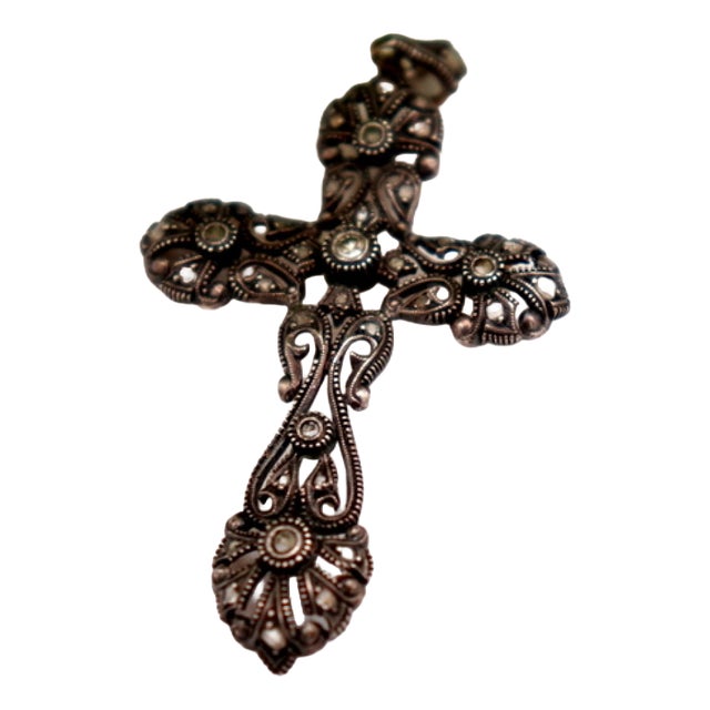Silver and Gold Cross with Diamond Chips For Sale