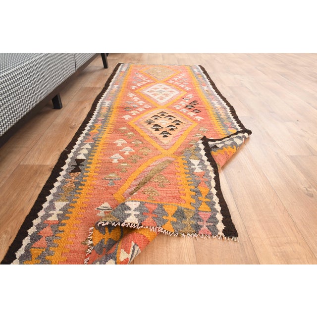 Red 1970s Vintage Turkish Handmade Wool Cotton Orange Runner Rug For Sale - Image 8 of 11