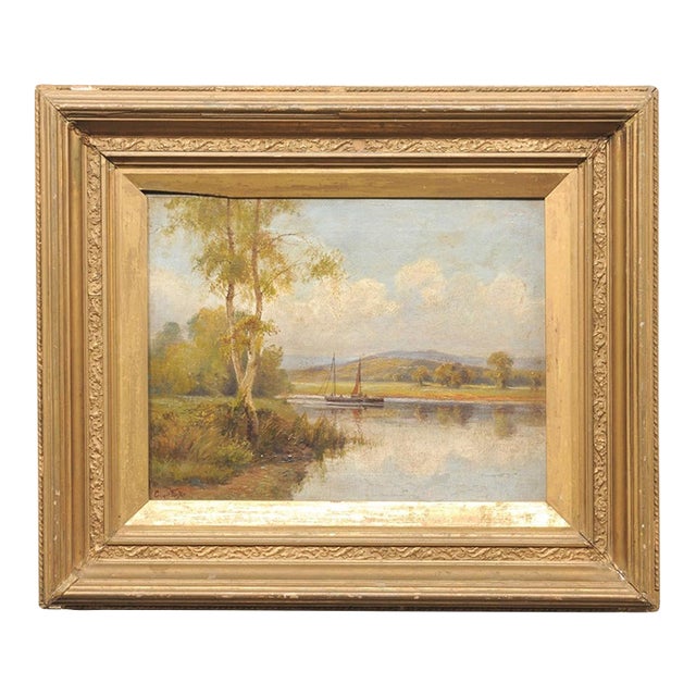 Late 19th C. River Landscape W/ Sailboat For Sale
