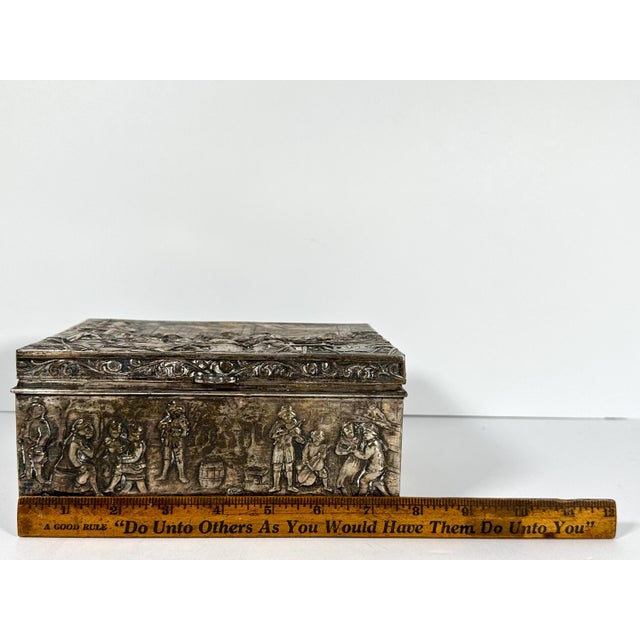 Antique Repousse Silverplate Cigar Humidor Box, Dutch Tavern Scene For Sale - Image 9 of 10