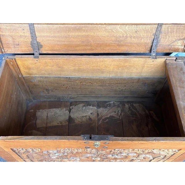 Wood Carved Oak Hunt-Scene Storage Trunk, Estimated Early 1900s For Sale - Image 7 of 9