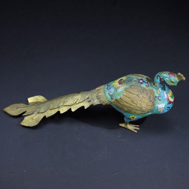Vintage Cloisonné Enamel Peacock Figurine With Brass Accents For Sale - Image 9 of 10