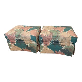Hollywood Regency Palm Beach Chic Blush Pink and Teal Palm Leaves Ottomans -Pair For Sale