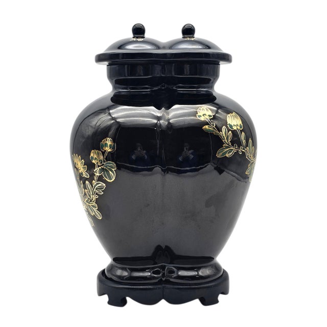 Rare Chinese Conjoined Ginger Jar With Stand 15.5" Black Gold Double Lidded For Sale - Image 9 of 15