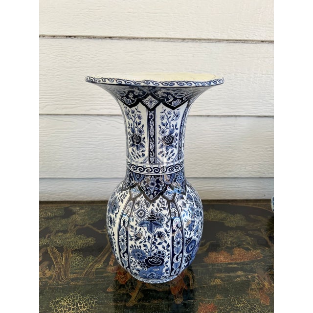 Vintage Large Delft Trumpet Vase Blue and White Floral Boch Royal Sphinx Urn For Sale - Image 14 of 18