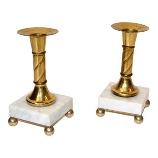 Pair of French Neoclassical Brass White Marble Candle Holder 1950s For Sale