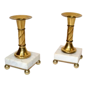 Pair of French Neoclassical Brass White Marble Candle Holder 1950s