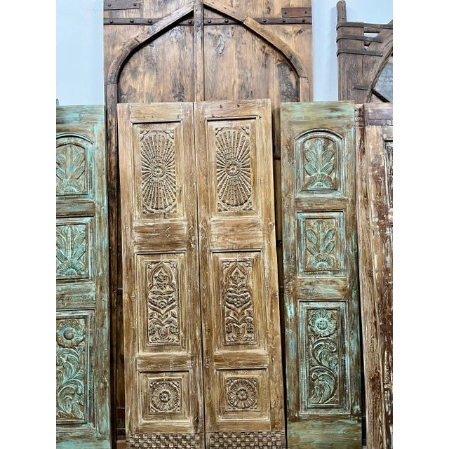 Art Deco Antique Carved Door Natural Wood Patina With Brass Accents, a Pair For Sale - Image 3 of 5