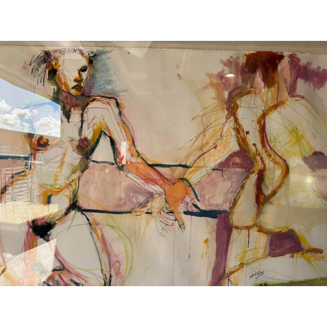 Large - Helen Stein Abstract Figurative Watercolor & Oil Pastel Drawing, Framed/ Sold For Sale In Miami - Image 6 of 12
