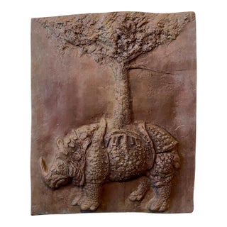 Leonard Baskin, Bronze Sculpture Relief Rhinoceros with Tree American Modernist Leonard Baskin, 1967 For Sale